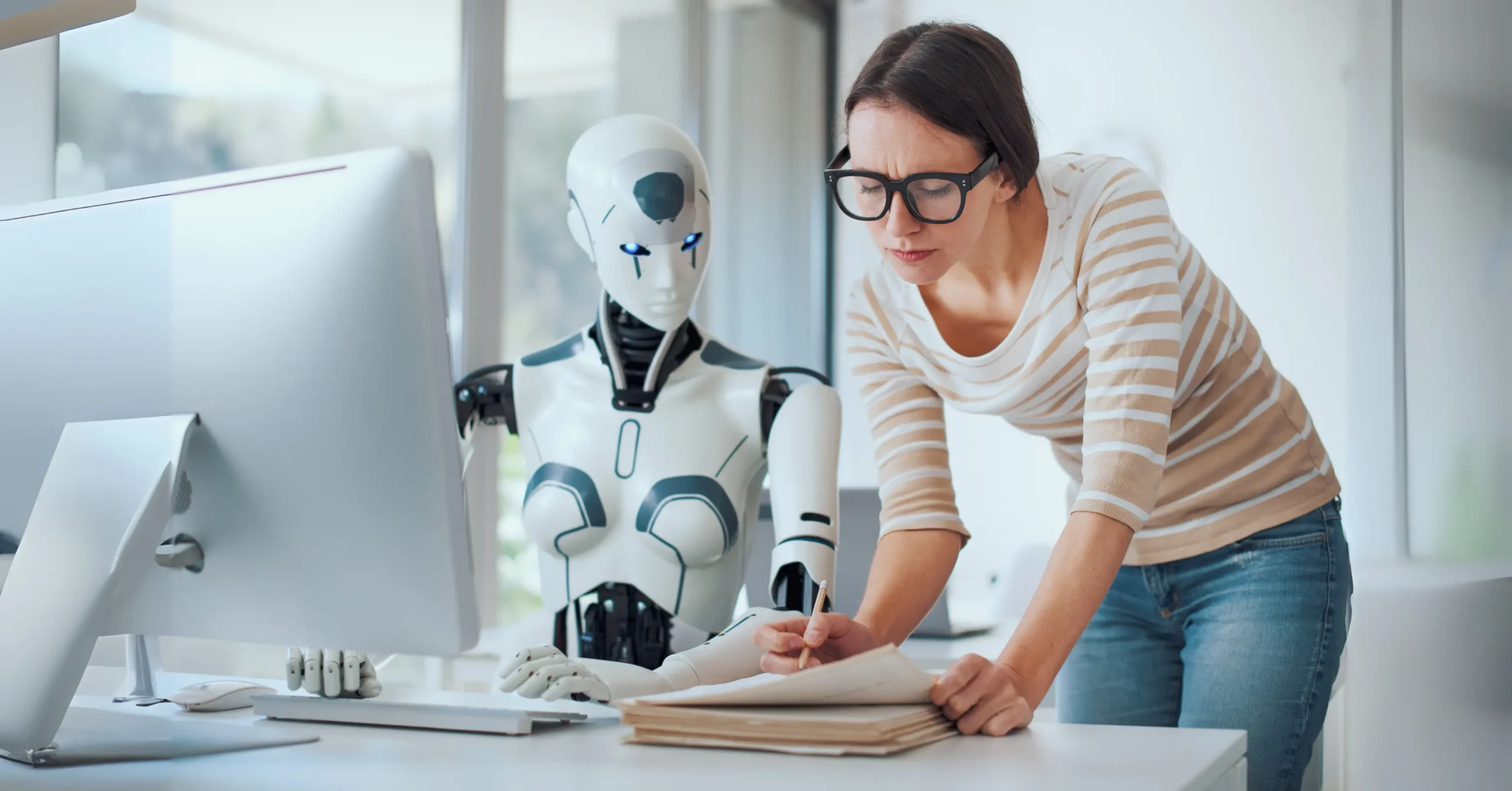 Vibrant futuristic cityscape with robots and humans collaborating, digital interfaces, and a ladder symbolizing high-paying job opportunities in the AI era, 2025. live workflow